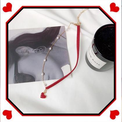 Pearl Red Color Leather Necklace Heart Pendant..