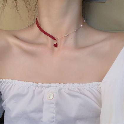 Pearl Red Color Leather Necklace Heart Pendant..