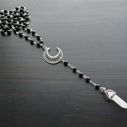 Black Rosary Beaded Chain Necklace Crescent..