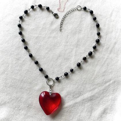 Fashion Black Rosary Necklace, Red Glass..