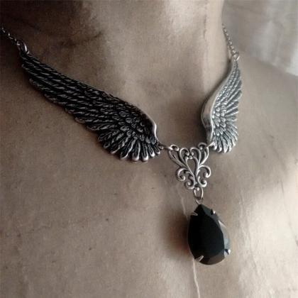 Gothic Angel Wings Necklace, Angel Guardian Black..