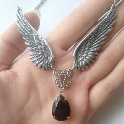 Gothic Angel Wings Necklace, Angel Guardian Black..