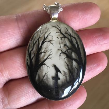 Gloomy Wooden Graveyard Hand Painted Oval Pendant..