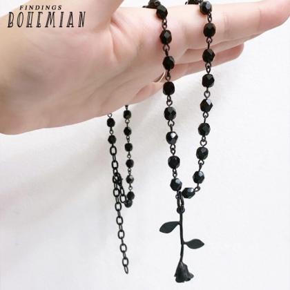 Fashion Rosary Beaded Chain Black Rose Necklace,..