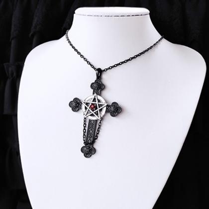 Gothic Satan Pentagram Black Cross Pendant..