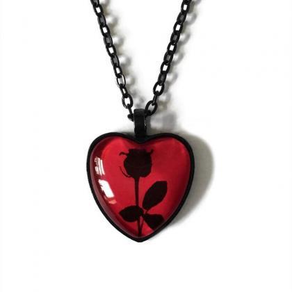 Black Rose Necklace, Red Heart Pendant, Glass..