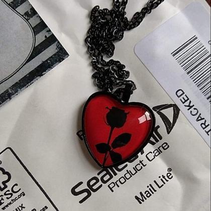 Black Rose Necklace, Red Heart Pendant, Glass..