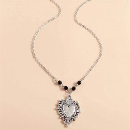 Sacred Heart Necklace, With Black Beads, Gothic..