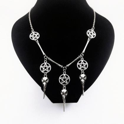 Pentagram Crow Skull Pendant Necklace, Gothic..