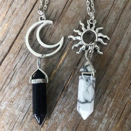 2pcs Set Of Sun And Moon Necklace, Natural Crystal..