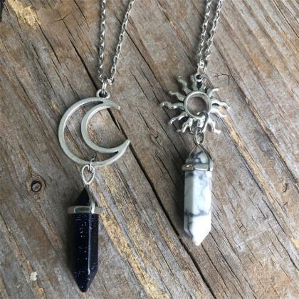2pcs Set Of Sun And Moon Necklace, Natural Crystal..