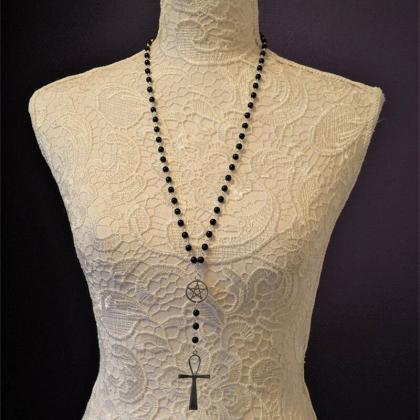 Black Beaded Rosary Cross Pendant Necklace Gothic..
