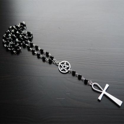 Black Beaded Rosary Cross Pendant Necklace Gothic..