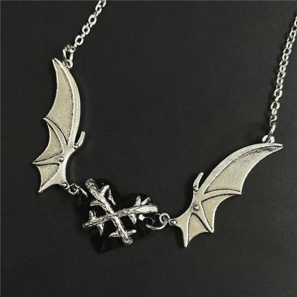 Black Heart Pendant Necklace For Women, Bat Wings,..
