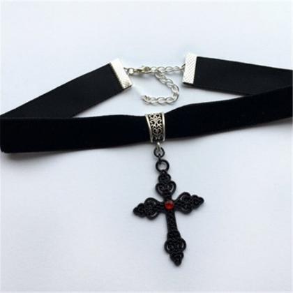Harajuku Punk Cross Necklace Black Velvet Collar..