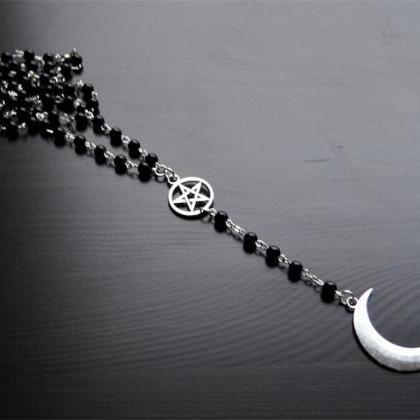 Fashion Black Beaded Rosary Necklace, Gothic..