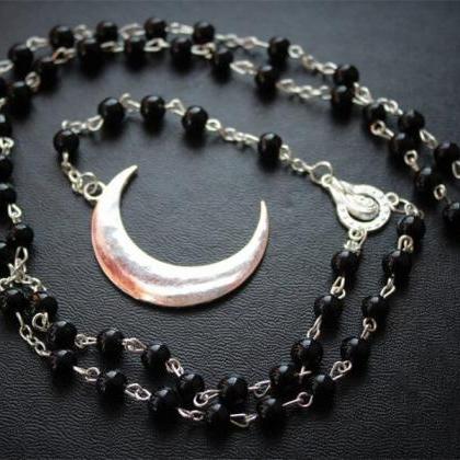 Fashion Black Beaded Rosary Necklace, Gothic..