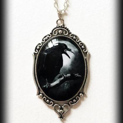 Gothic Raven Necklace, Crystal Glass Embossed..