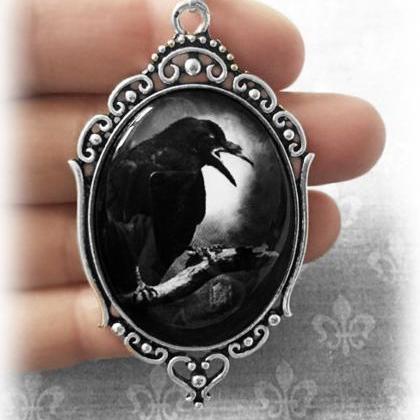 Gothic Raven Necklace, Crystal Glass Embossed..