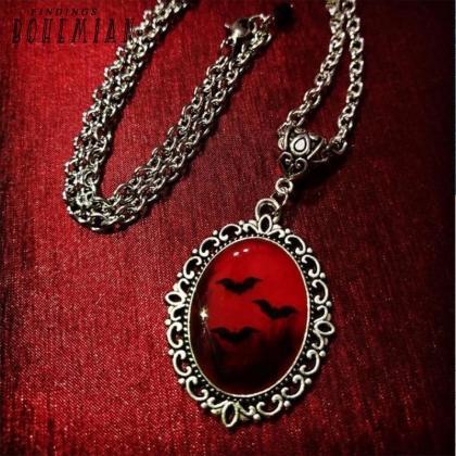 Gothic Vampire Bat Necklace, Crystal Embossed..