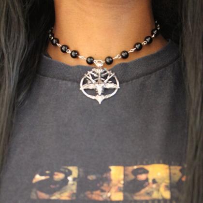 Black Beaded Chain Goat Head Skull Necklace Onyx..