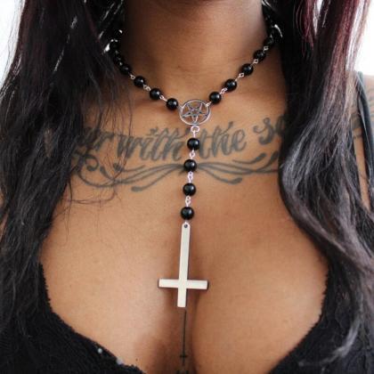 Black Rosary Neck With Gothic Cross Pendant..