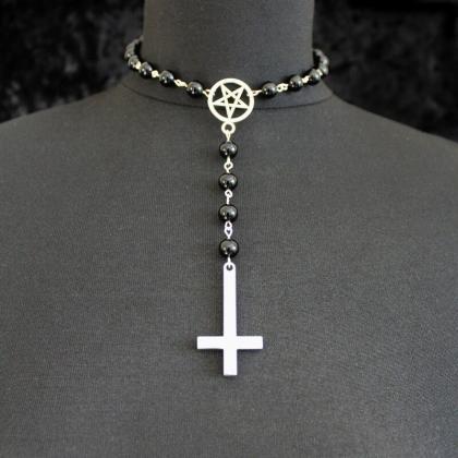Black Rosary Neck With Gothic Cross Pendant..