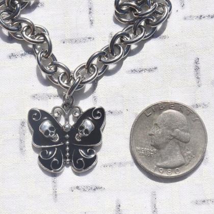 Gothic Silver Skull Butterfly Pendant, Halloween..