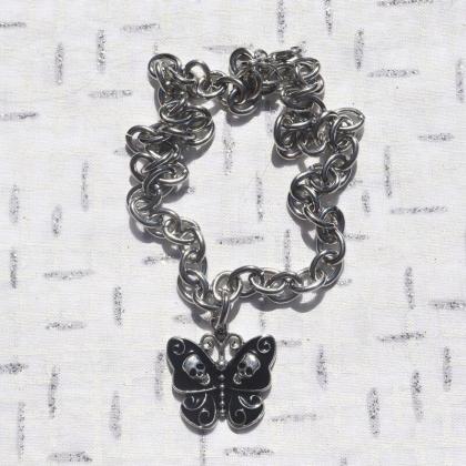 Gothic Silver Skull Butterfly Pendant, Halloween..