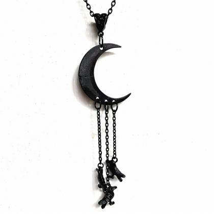 Raven Skull Pendant And Black Moon Necklace, Witch..