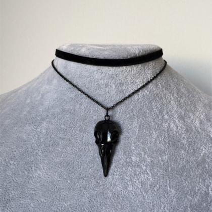 Gothic Black Raven Skull Necklace, Steampunk..