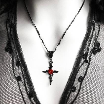 Black Cross And Red Rose Pendant Necklace, Gothic..