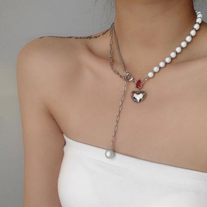 Vintage Beaded Metal Heart Pendant Clavicle Chain..
