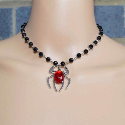 Gothic Spider Pendant Necklace, Silver Plated Red..