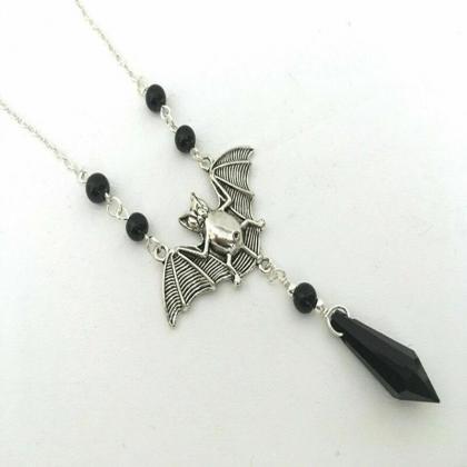 Gothic Halloween Necklace Evil Bat With Black..