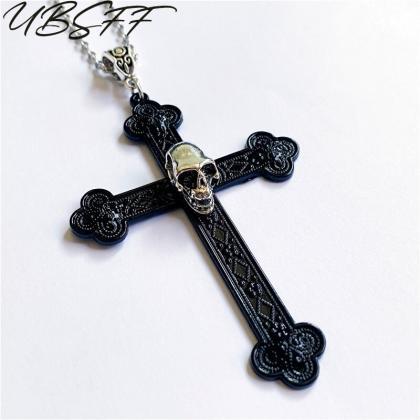 Gothic Black Filigree Large Cross Skull Necklace..