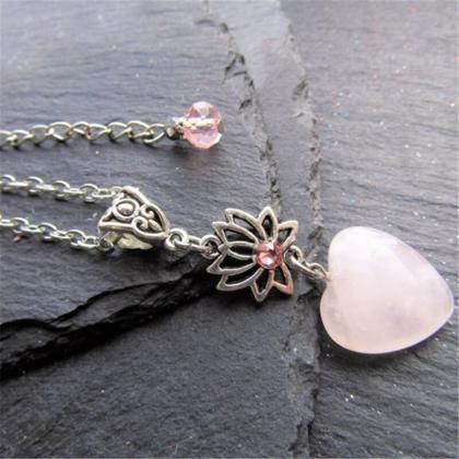 Tranquil Pink Quartz Heart Necklace, Lotus, Heart,..