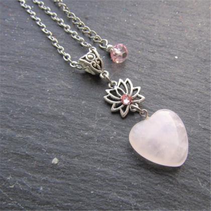 Tranquil Pink Quartz Heart Necklace, Lotus, Heart,..