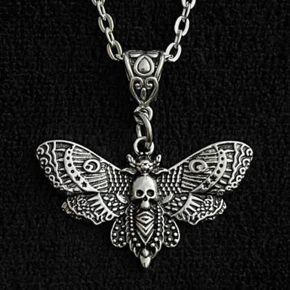 Dark Death Moth Pendant Necklace 18"..