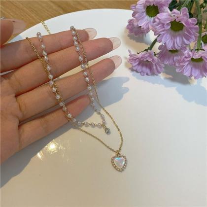 Cute Pearl Love Pendant Heart Opal Necklace..