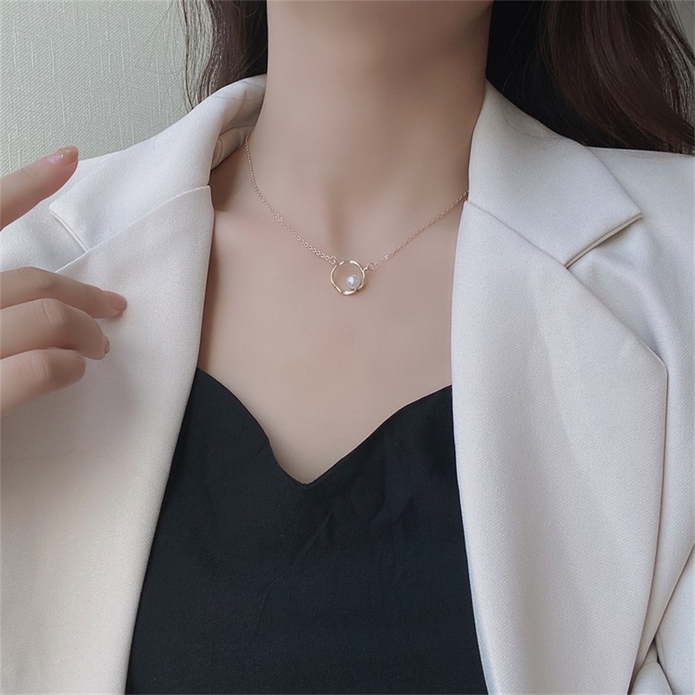 Contracted Geometry Circle Necklace Temperament Beautiful Pearl Choker Summer Daily Clavicle Chain Boudoir Gifts