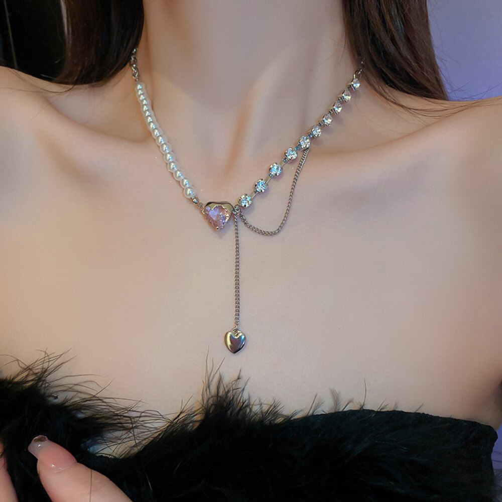 Fashion Pearl Necklace With Rhinestone Decoration Heart Pendent Tassel Clavicle Chain Jewelry Choker For Women