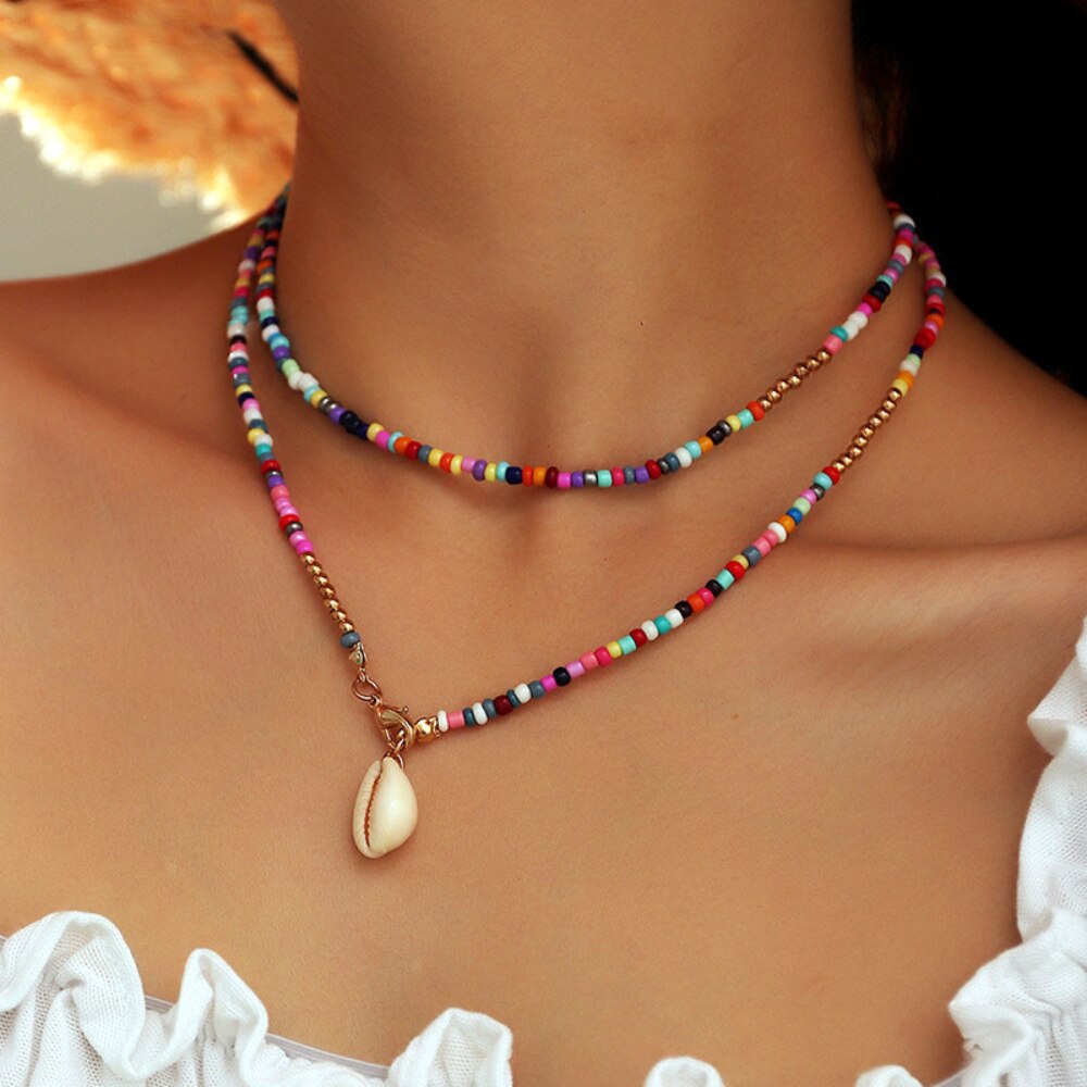 Simple Seed Beads Strand Choker Women Double String Beaded Bohemia Shell Pendant Necklace Birthday Party Gifts
