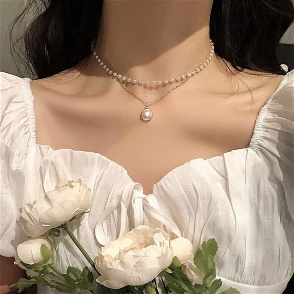Fashion Elegant Pearls Choker Necklace Cute Double Layer Chain Bead Pendant Necklaces Women Engagement Chains Jewelry