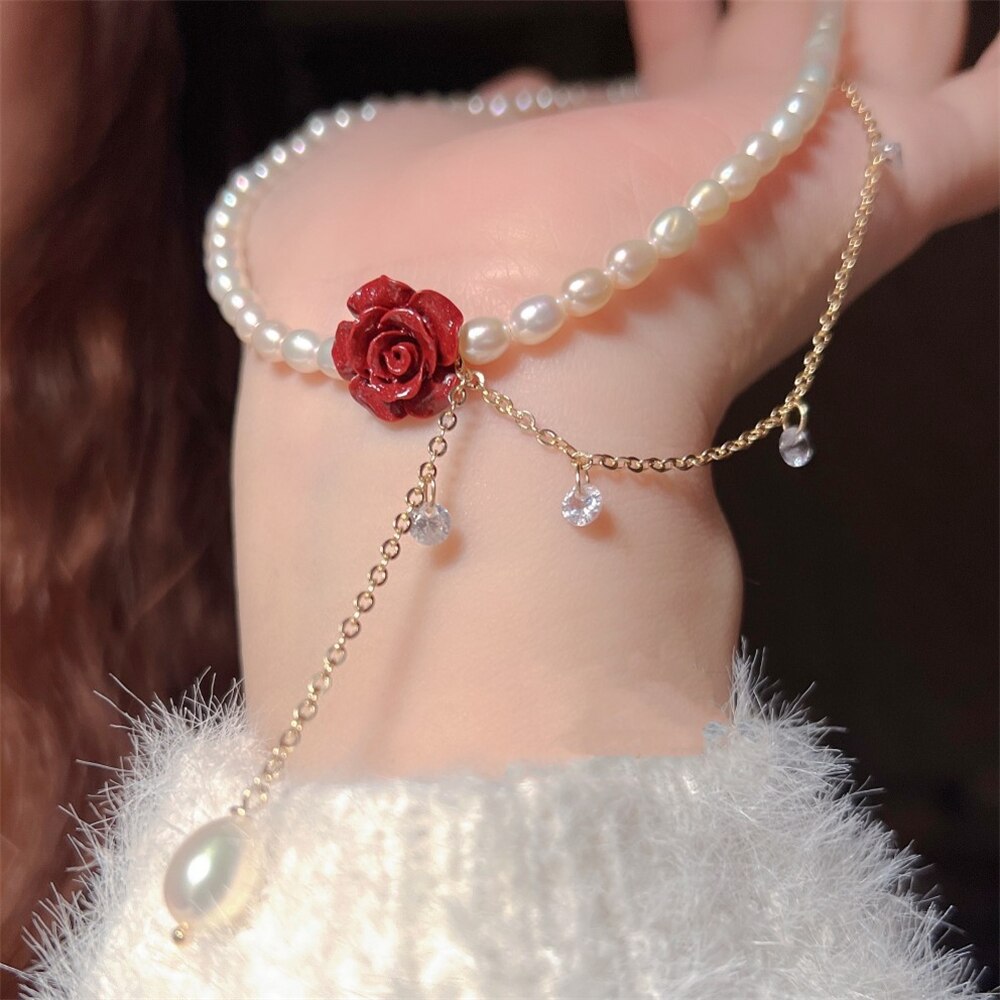 Fashion Pearl Necklace Vintage Multi-layer Rhinestone Rose Pendent Clavicle Chain For Women Jewelry Anniversary Gifts