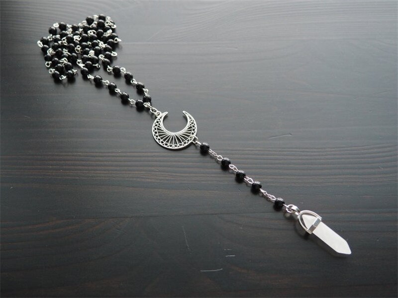Black Rosary Beaded Chain Necklace Crescent Transparent Quartz Hexagon Column Pendant Necklace Fashion Creative Jewelry