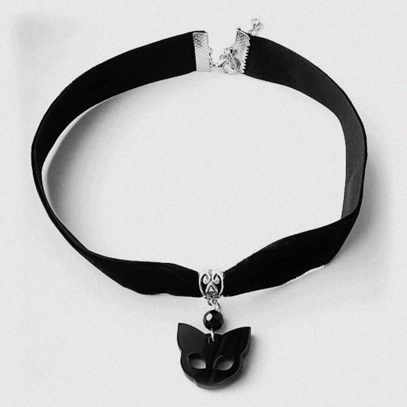 Black Velvet Collar Fashion Black Cat Head Pendant Necklace Women's Hip Hop Animal Jewelry Summer Accessories