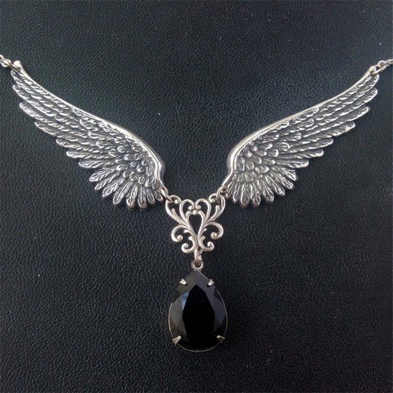 Gothic Angel Wings Necklace, Angel Guardian Black Acrylic Crystal Pendant, Aranwen Gothic Fashion Jewelry Gifts For Couples