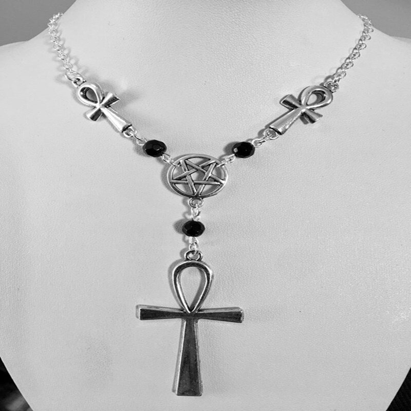 Religious Egyptian Cross And Pentagram Pendant Wicca Necklace Gothic Amulet Jewelry Women Fashion Jewelry Gift