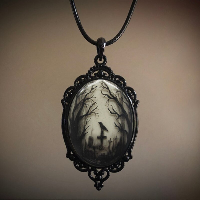 Gloomy Wood Graveyard Hand Painted Oval Pendant, Gothic Diorama Necklace, Raven Necklace, Art Jewelry, Witchcraft Gift